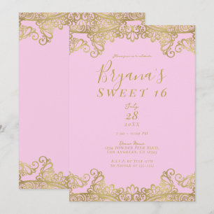 Roze & Gouden Glans Kant Elegant Sweet 16 Feestje Kaart