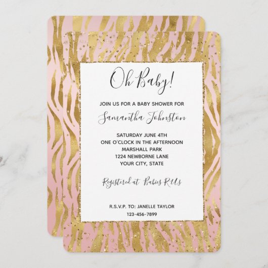 Roze Gouden Glans Sparkle Zebra Baby Shower Kaart (Voorkant / Achterkant)