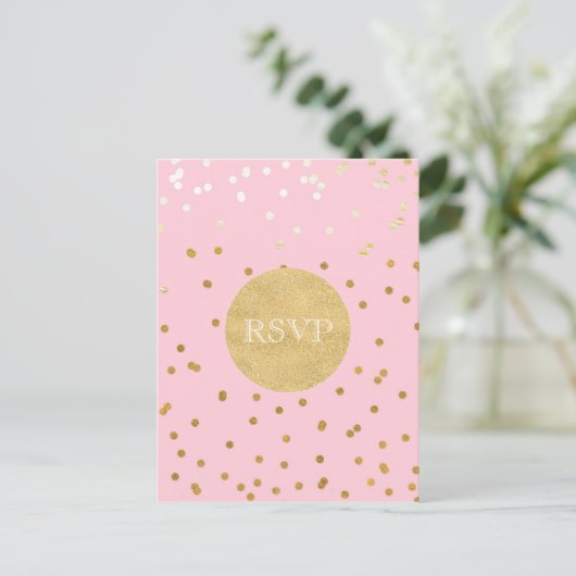 Roze & Gouden Glanzende Confetti Stippen Chic Mode Uitnodiging Briefkaart (Staand voorkant)