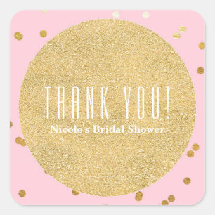 Roze & Gouden Glanzende Confetti Stippen Feest Fav Vierkante Sticker