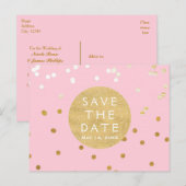 Roze & Gouden Glanzende Confetti Stippen Save The Aankondigingskaart (Voorkant / Achterkant)