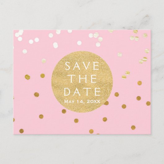 Roze & Gouden Glanzende Confetti Stippen Save The Aankondigingskaart (Voorkant)