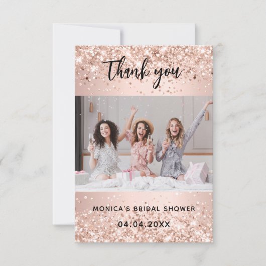 Roze gouden glinster bruidsmeisjesfeest foto bedankkaart (Voorkant)
