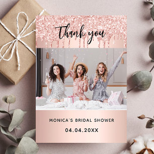 Roze gouden glinster druppels bruiloftsshower foto bedankkaart