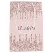 Roze gouden glinster druppels luxe monogram medium cadeauzakje (Voorkant)