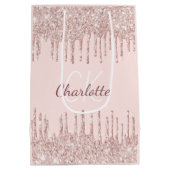 Roze gouden glinster druppels luxe monogram medium cadeauzakje (Achterkant)