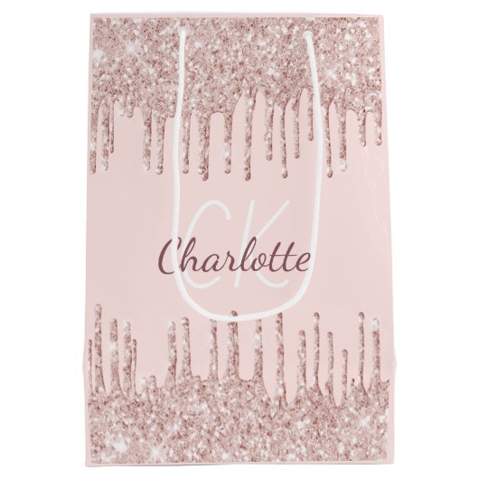 Roze gouden glinster druppels luxe monogram medium cadeauzakje (Achterkant)