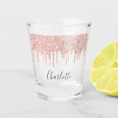 Roze gouden glinster druppels naam script elegant shot glas (Voorkant)