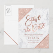 Roze gouden glinster script marmer save the date aankondigingskaart (Voorkant / Achterkant)