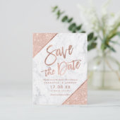 Roze gouden glinster script marmer save the date aankondigingskaart (Staand voorkant)