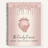 Roze gouden glinsterdruppels aardbeien-snoepje notitieboek (Voorkant)