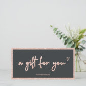 Roze gouden glinsterend hart grijs logo cadeaubon (Staand voorkant)