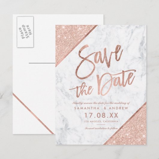 Roze gouden glinsterend schrift marmer save the da aankondigingskaart (Voorkant / Achterkant)