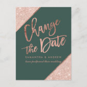 Roze gouden glinsterend script groen wijzigingsdat aankondigingskaart (Voorkant)