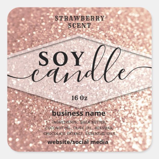 Roze gouden glinsterend script soja kaarslabel vierkante sticker (Voorkant)