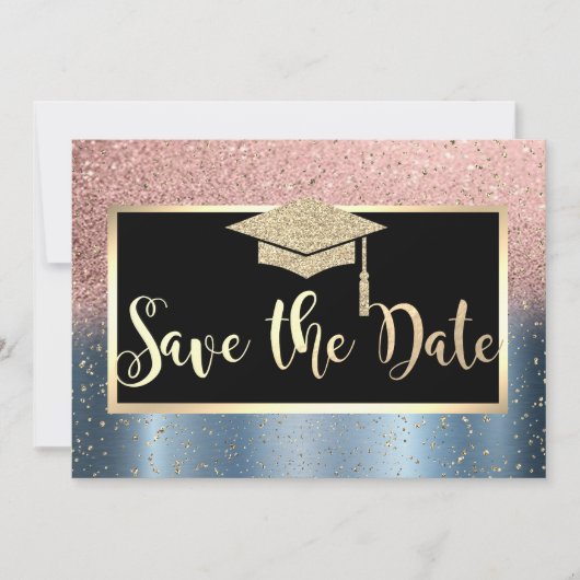 Roze gouden glinsterende blauwe afstudeerdatum Sav Save The Date (Voorkant)