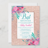 Roze gouden glinsterende bloem waterverf Bat Mitzv Kaart (Voorkant)