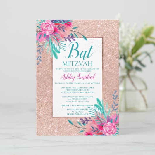 Roze gouden glinsterende bloemige waterverf Bat Mi Kaart (Staand voorkant)