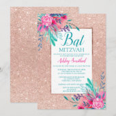 Roze gouden glinsterende bloemige waterverf Bat Mi Kaart (Voorkant / Achterkant)