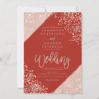 Roze gouden glinsterende confetti chic rode trouw kaart
