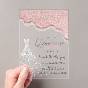 Roze gouden glinsterende druppels diamanten jurk Q Acryl Uitnodigingen