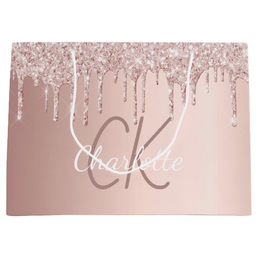 Roze gouden glinsterende druppels monogram schrift groot cadeauzakje (Voorkant)