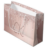 Roze gouden glinsterende druppels monogram schrift groot cadeauzakje (Voorkant Gekanteld)