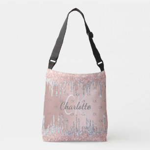 Roze gouden glinsterende druppels zilver monogram crossbody tas