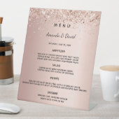 Roze gouden glinsterende huwelijksdiner menu reclamebord met voetstuk (Insitu)