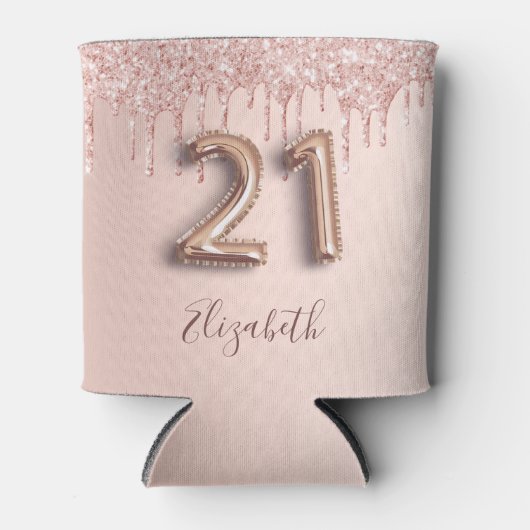 Roze gouden glinsterende roze ballon stijl voor 21 blikjeskoeler (Voorkant)