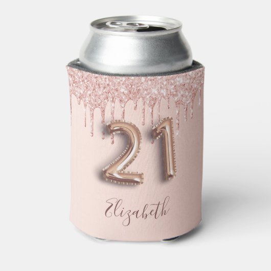 Roze gouden glinsterende roze ballon stijl voor 21 blikjeskoeler (Blikje Achterkant)