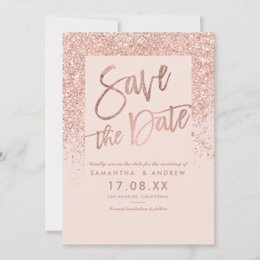 Roze gouden glinsterende script roze save the date (Voorkant)