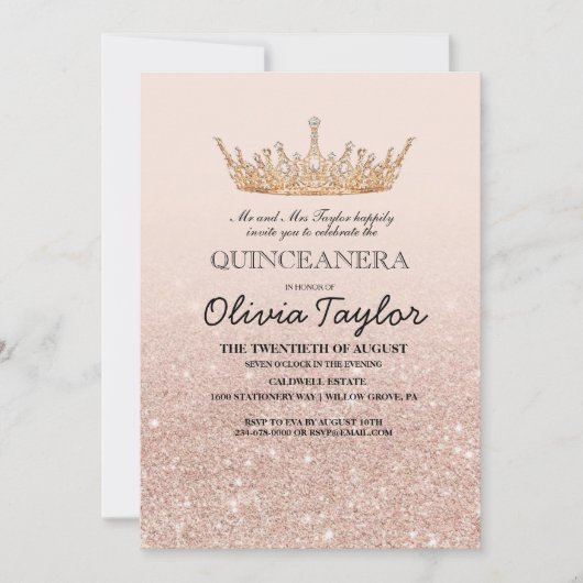 Roze gouden glitter 15e verjaardagsfeestje kaart (Voorkant)