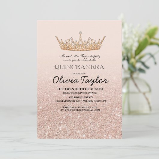 Roze gouden glitter 15e verjaardagsfeestje kaart (Staand voorkant)