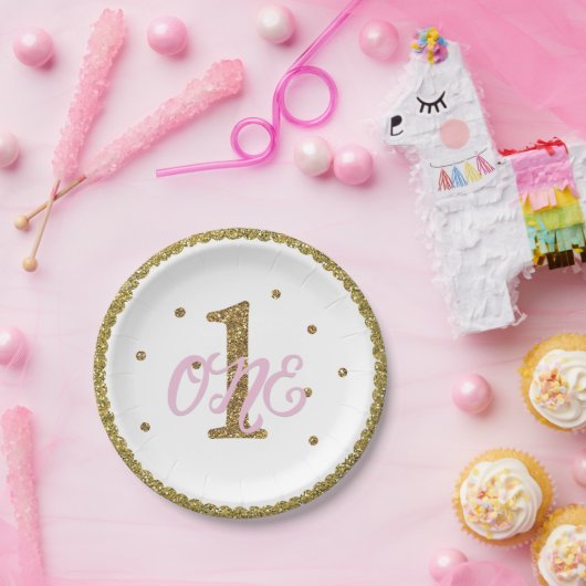 Roze & Gouden Glitter 1 1 1e Verjaardagsfeest Papieren Bordje (Feest)