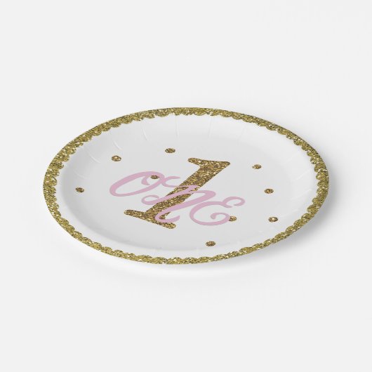 Roze & Gouden Glitter 1 1 1e Verjaardagsfeest Papieren Bordje (Gekanteld)