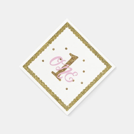 Roze & Gouden Glitter 1 1 1e Verjaardagsfeest Servet (Hoek)