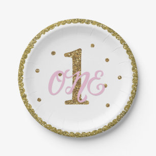 Roze & Gouden Glitter 1 EEN 1e Verjaardagsfeestje Papieren Bordje