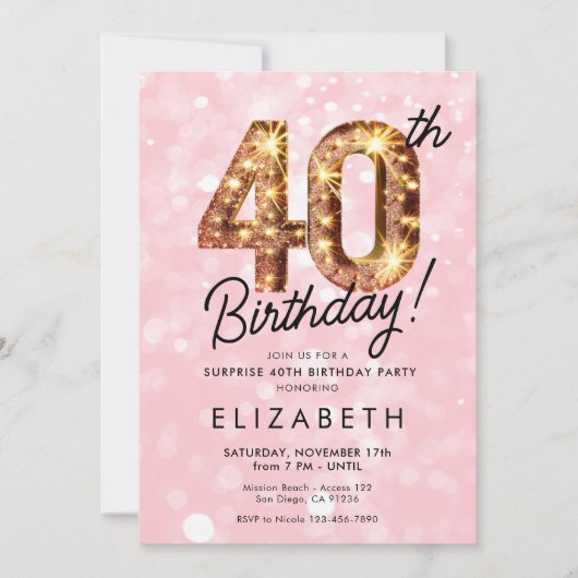 Roze Gouden Glitter 40e Digitale Verjaardag Uitnod Kaart (Voorkant)
