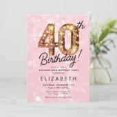Roze Gouden Glitter 40e Digitale Verjaardag Uitnod Kaart (Staand voorkant)