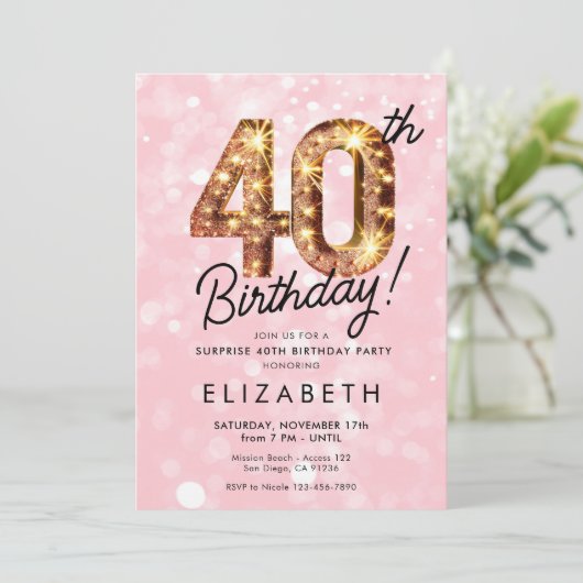 Roze Gouden Glitter 40e Digitale Verjaardag Uitnod Kaart (Staand voorkant)
