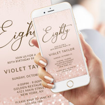 Roze Gouden Glitter 80e Verjaardag Mobiele Uitnodi