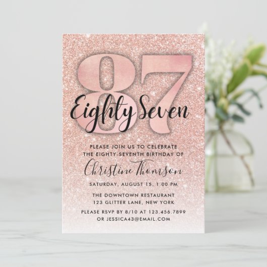 Roze Gouden Glitter 87e Verjaardagsuitnodiging Kaart (Staand voorkant)