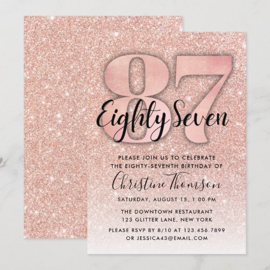 Roze Gouden Glitter 87e Verjaardagsuitnodiging Kaart (Voorkant / Achterkant)