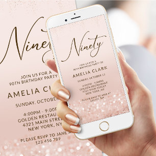 Roze Gouden Glitter 90e Verjaardag Mobiele Uitnodi Aankondiging