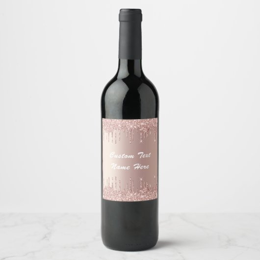 Roze Gouden Glitter Aangepaste Tekst Champagne Wij Wijn Etiket (Voorkant)