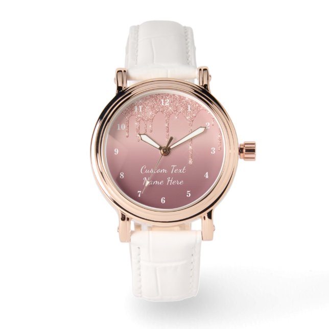 Roze Gouden Glitter Aangepaste Tekst Naam Horloge  (Voorkant)