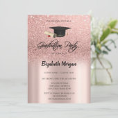 Roze Gouden Glitter Afstudeerhoed Afstudeer Uitnod Kaart (Staand voorkant)