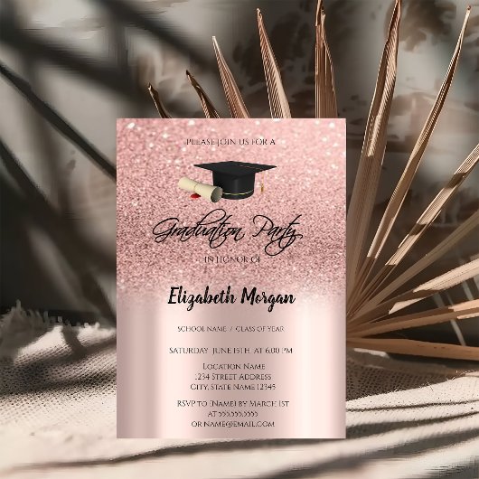 Roze Gouden Glitter Afstudeerhoed Afstudeer Uitnod Kaart