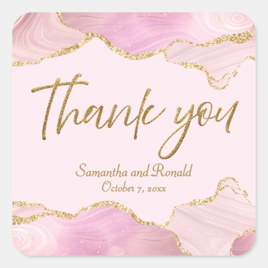 Roze & Gouden Glitter Agaat Dank u bruiloft Vierkante Sticker (Voorkant)